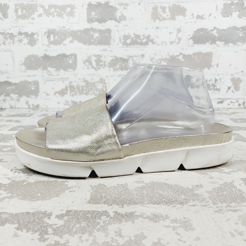 Stuart Weitzman Silver Metallic Slide Sandals with White Platform Sole